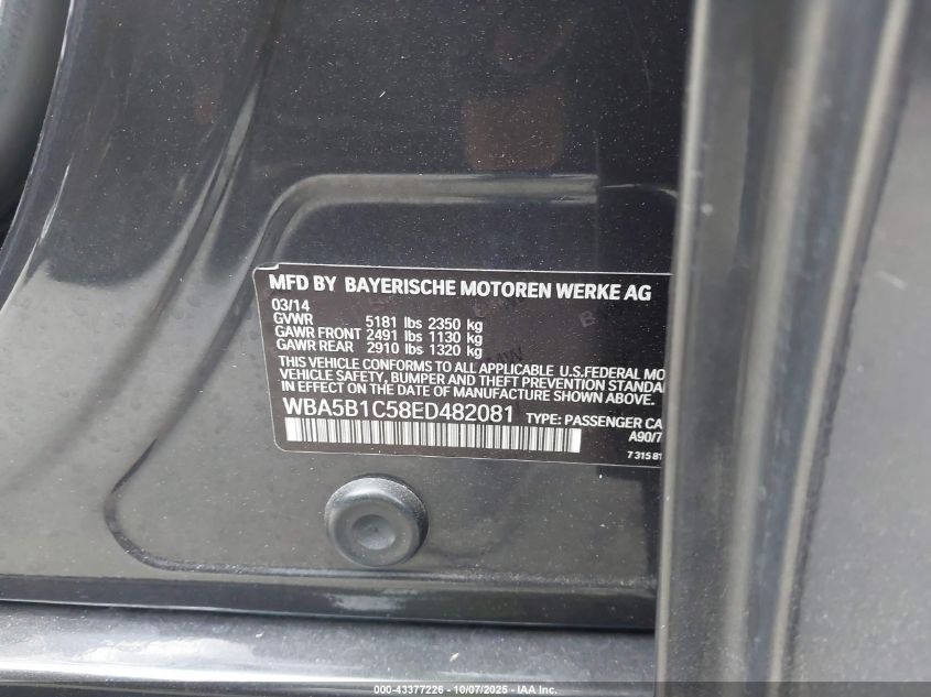 2014 BMW 535I VIN: WBA5B1C58ED482081 Lot: 43377226
