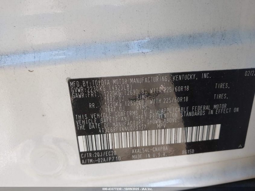 2022 Toyota Rav4 Hybrid Xse VIN: 4T3E6RFV4NU073127 Lot: 43377230