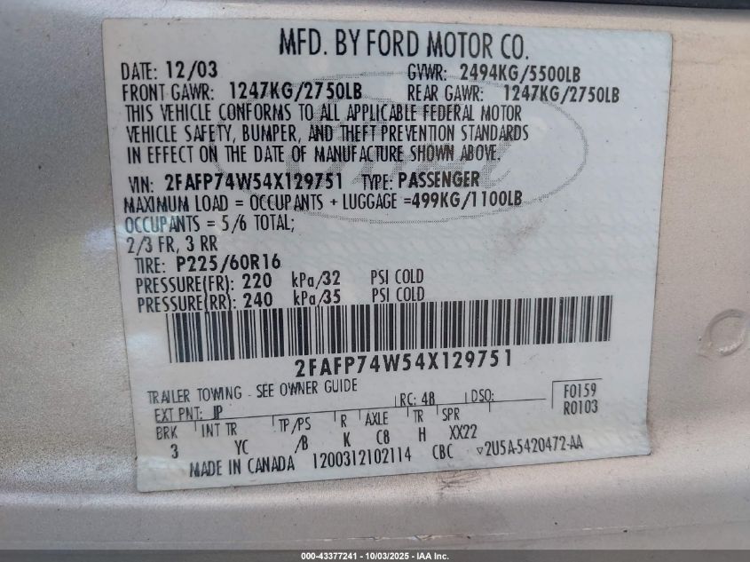 2004 Ford Crown Victoria Lx VIN: 2FAFP74W54X129751 Lot: 43377241