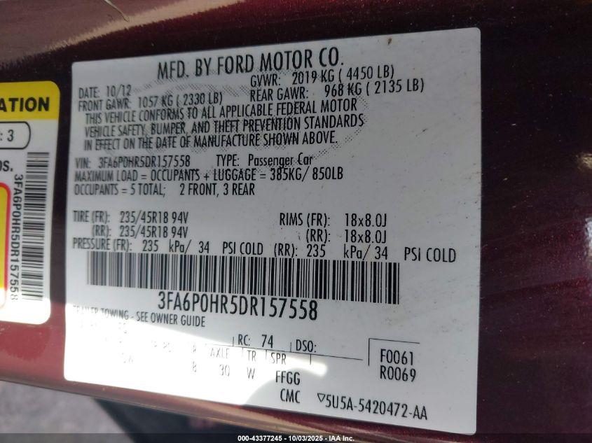 2013 Ford Fusion Se VIN: 3FA6P0HR5DR157558 Lot: 43377245