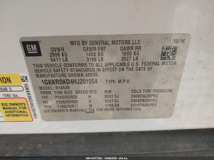 2017 GMC Acadia Limited VIN: 1GKKRSKD4HJ201954 Lot: 43377252