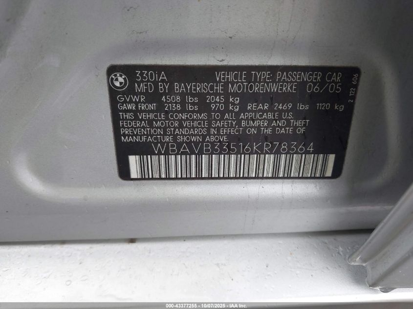 2006 BMW 330I VIN: WBAVB33516KR78364 Lot: 43377255