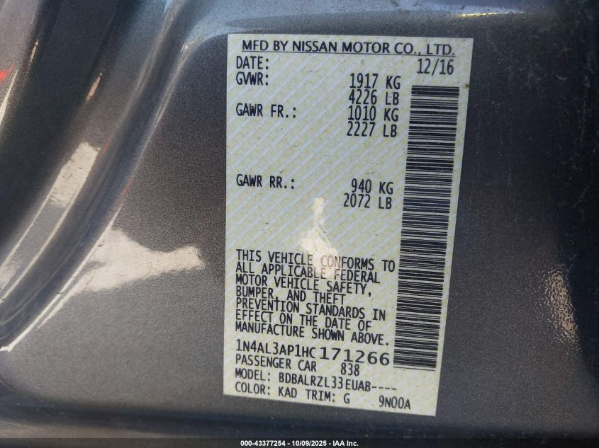 2017 Nissan Altima 2.5 Sl VIN: 1N4AL3AP1HC171266 Lot: 43377254