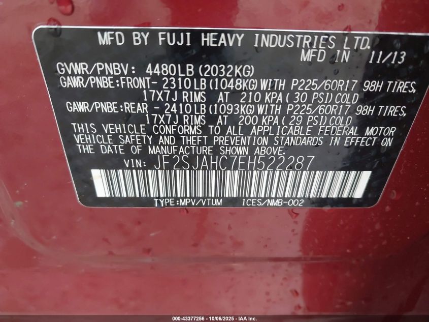 2014 Subaru Forester 2.5I Limited VIN: JF2SJAHC7EH522287 Lot: 43377256