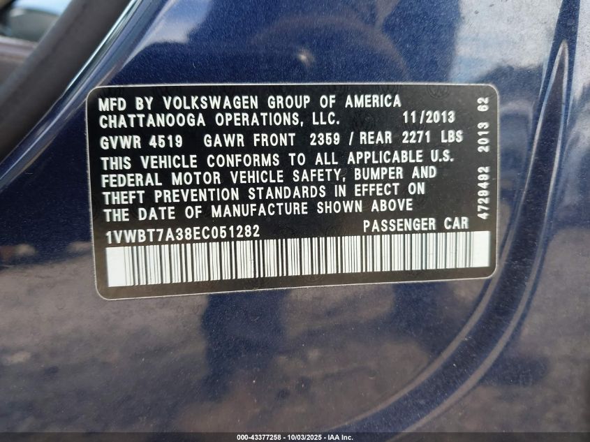 2014 Volkswagen Passat 1.8T Se VIN: 1VWBT7A38EC051282 Lot: 43377258
