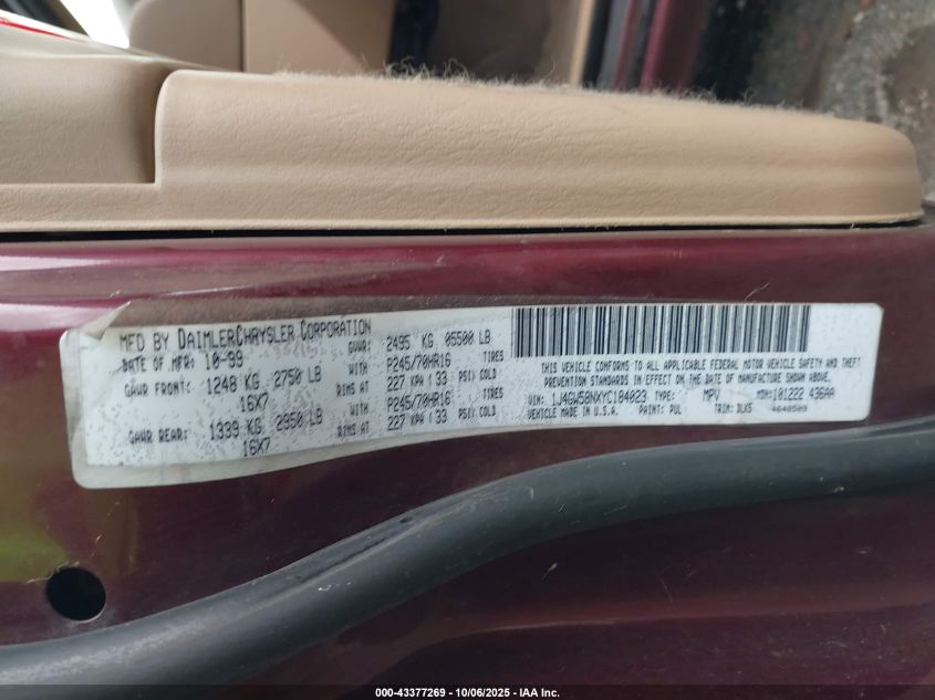 2000 Jeep Grand Cherokee Limited VIN: 1J4GW58NXYC184023 Lot: 43377269