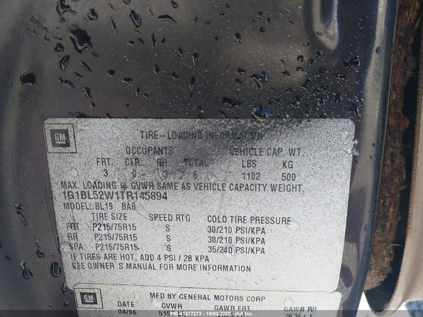 1996 Chevrolet Caprice Classic VIN: 1G1BL52W1TR145894 Lot: 43377273