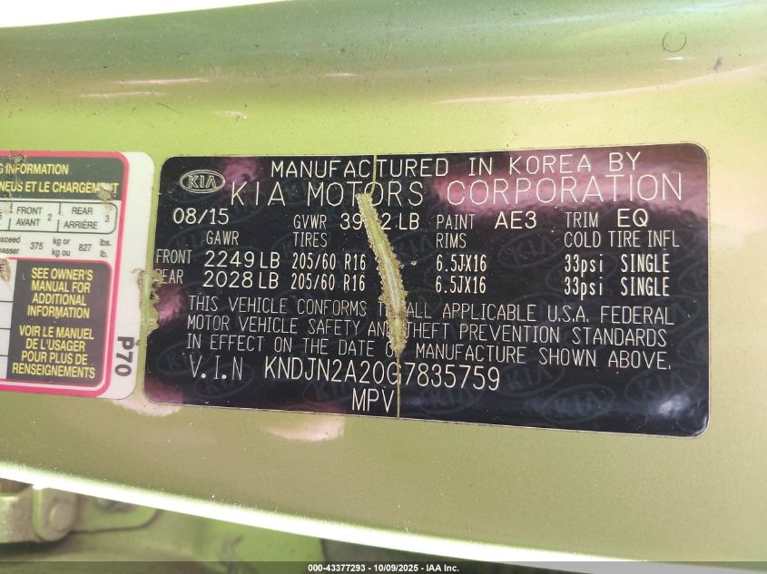 2016 Kia Soul VIN: KNDJN2A20G7835759 Lot: 43377293