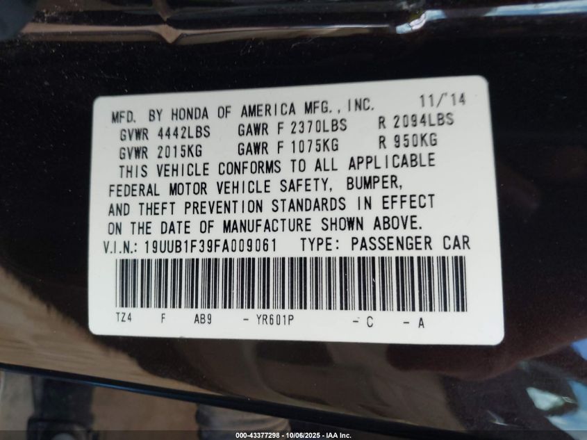 2015 Acura Tlx VIN: 19UUB1F39FA009061 Lot: 43377298