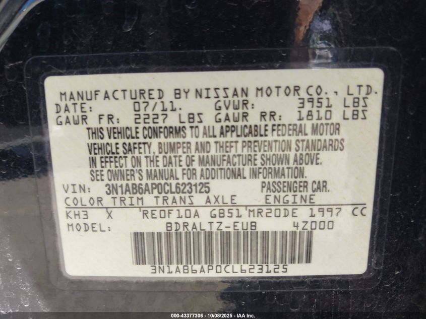 2012 Nissan Sentra 2.0 S VIN: 3N1AB6AP0CL623125 Lot: 43377306