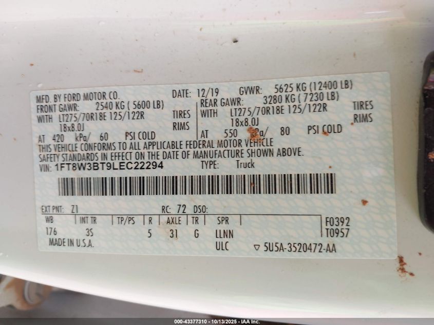 2020 Ford F-350 Xlt VIN: 1FT8W3BT9LEC22294 Lot: 43377310