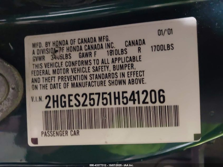 2001 Honda Civic Ex VIN: 2HGES25751H541206 Lot: 43377312