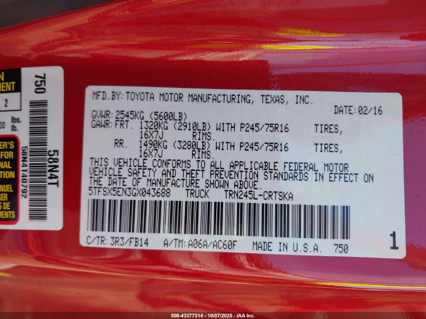 2016 Toyota Tacoma Sr VIN: 5TFSX5EN3GX043688 Lot: 43377314