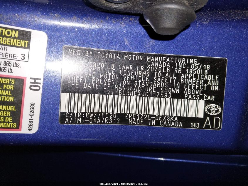 2018 Toyota Corolla Se VIN: 2T1BURHEXJC117593 Lot: 43377321