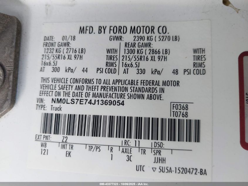 2018 Ford Transit Connect Xl VIN: NM0LS7E74J1369054 Lot: 43377323