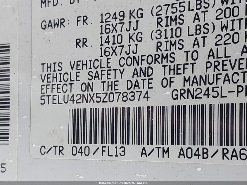 2005 Toyota Tacoma Base V6 VIN: 5TELU42NX5Z078374 Lot: 43377327