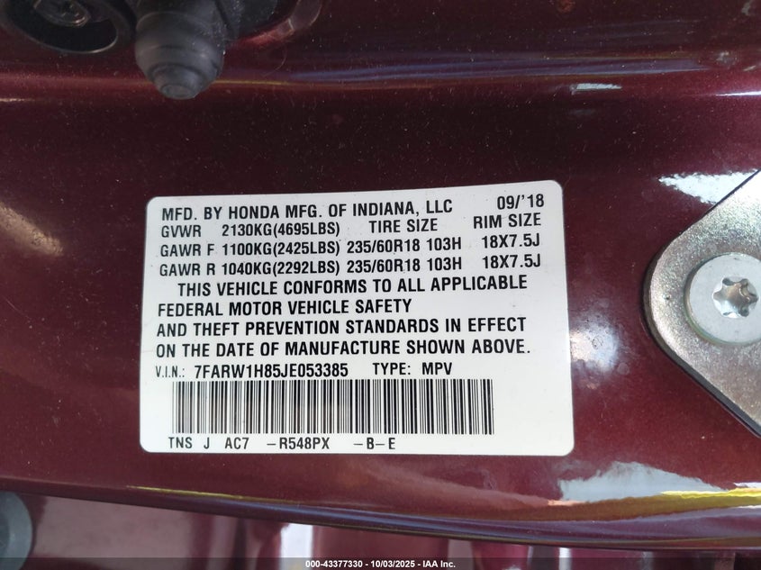 2018 HONDA CR-V EX-L/EX-L NAVI - 7FARW1H85JE053385