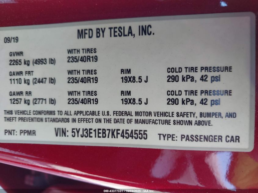 2019 Tesla Model 3 Long Range/Performance VIN: 5YJ3E1EB7KF454555 Lot: 43377331