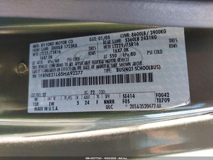 2005 Ford E-350 Super Duty Chateau/Xl/Xlt VIN: 1FBNE31L65HA93377 Lot: 43377343