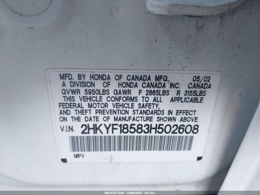 2003 Honda Pilot Ex-L VIN: 2HKYF18583H502608 Lot: 43377346