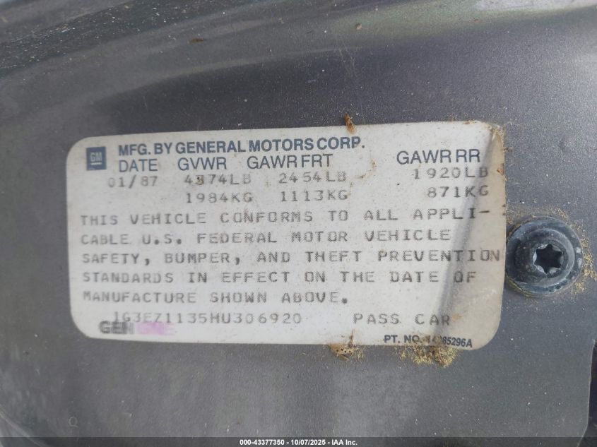 1987 Oldsmobile Toronado Brougham VIN: 1G3EZ1135HU306920 Lot: 43377350