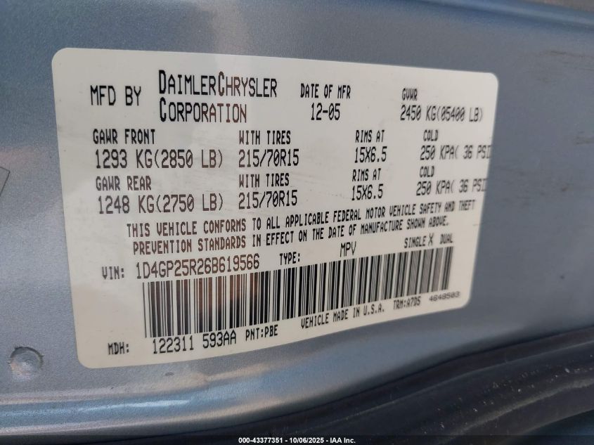 2006 Dodge Caravan Se VIN: 1D4GP25R26B619566 Lot: 43377351