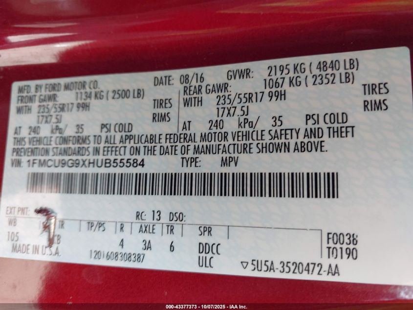 2017 Ford Escape Se VIN: 1FMCU9G9XHUB55584 Lot: 43377373