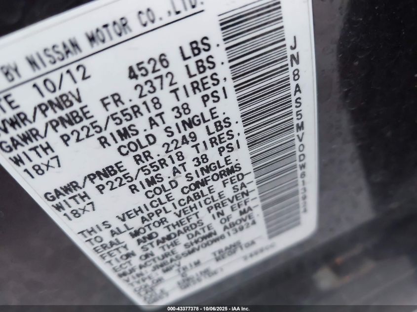 2013 Nissan Rogue Sv W/Sl Pkg VIN: JN8AS5MV0DW613924 Lot: 43377378