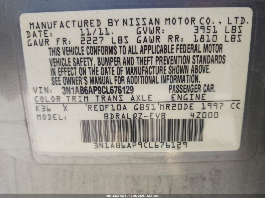 2012 Nissan Sentra 2.0 VIN: 3N1AB6AP9CL676129 Lot: 43377379