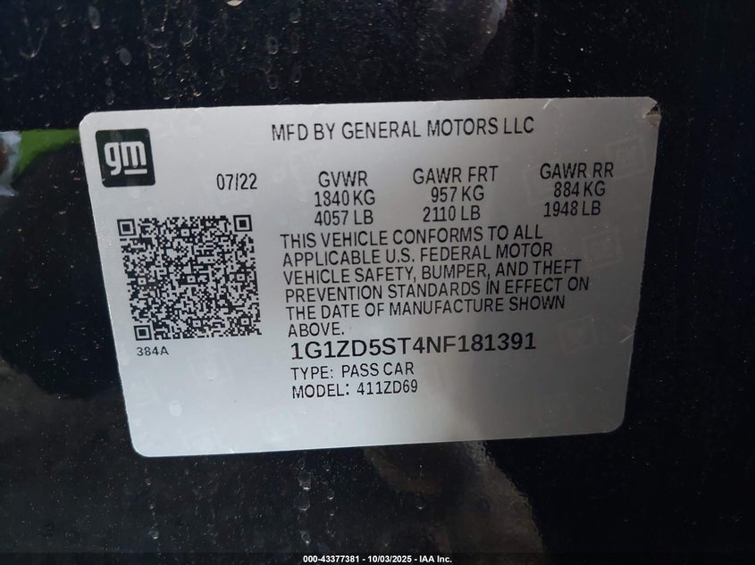 2022 CHEVROLET MALIBU FWD LT - 1G1ZD5ST4NF181391