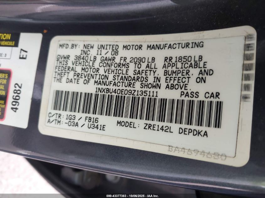 2009 Toyota Corolla Le VIN: 1NXBU40E09Z135111 Lot: 43377383