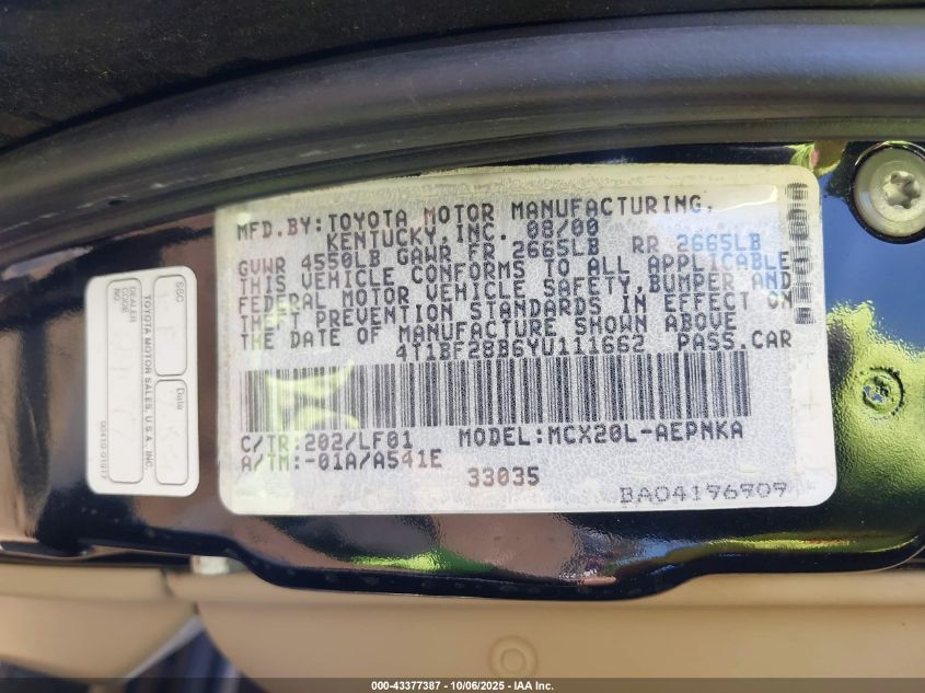 2000 Toyota Avalon Xl VIN: 4T1BF28B6YU111662 Lot: 43377387