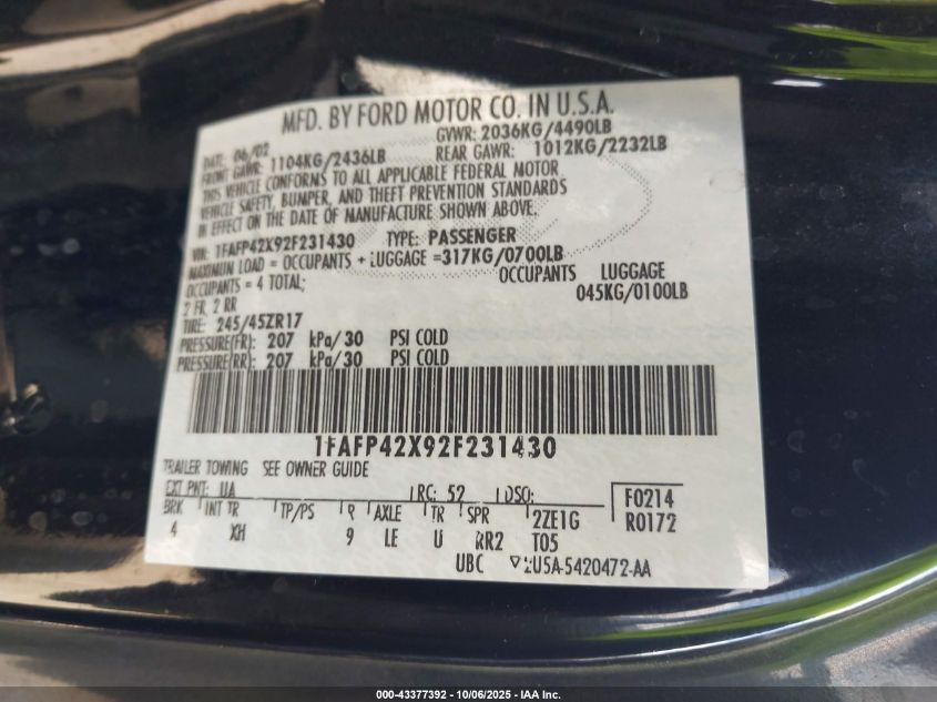 2002 Ford Mustang Gt VIN: 1FAFP42X92F231430 Lot: 43377392