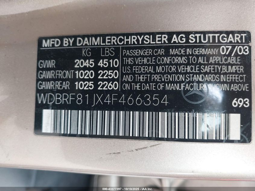 2004 Mercedes-Benz C 240 4Matic VIN: WDBRF81JX4F466354 Lot: 43377397