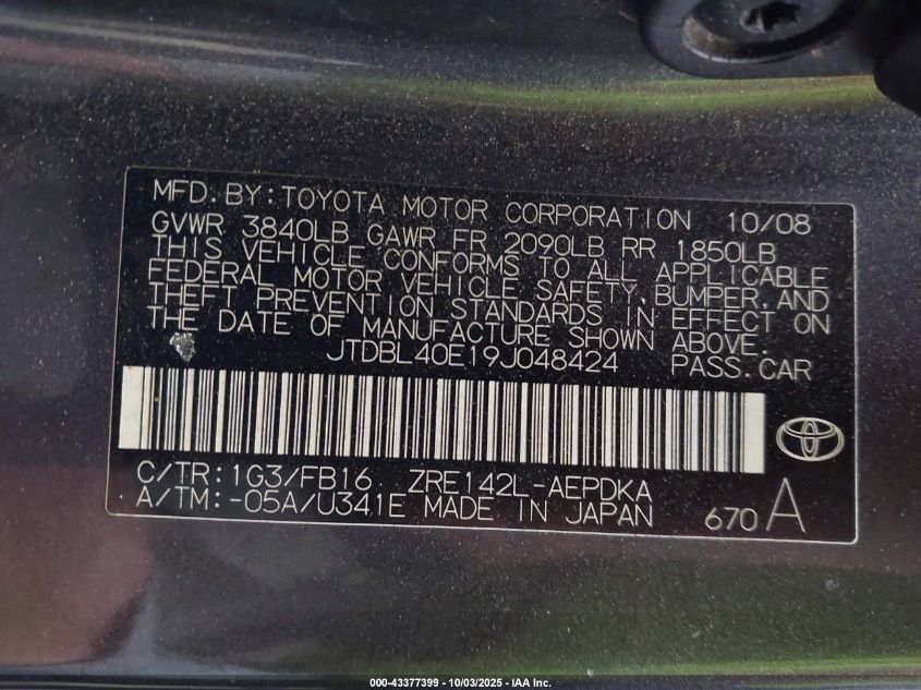 2009 Toyota Corolla Le VIN: JTDBL40E19J048424 Lot: 43377399