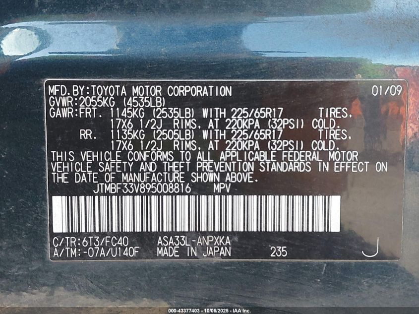 2009 Toyota Rav4 VIN: JTMBF33V895008816 Lot: 43377403