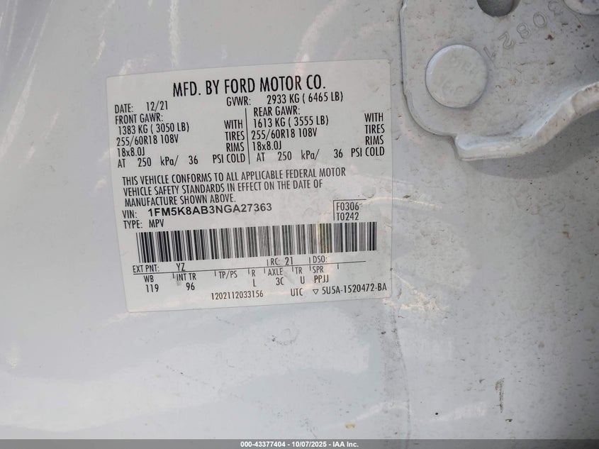 2022 FORD POLICE INTERCEPTOR 1FM5K8AB3NGA27363