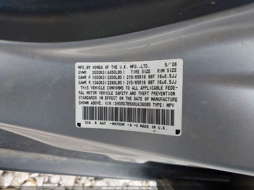 2006 Honda Cr-V Lx VIN: SHSRD785X6U436085 Lot: 43377409