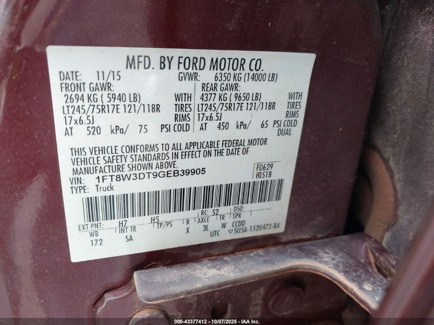 2016 Ford F-350 Lariat VIN: 1FT8W3DT9GEB39905 Lot: 43377412