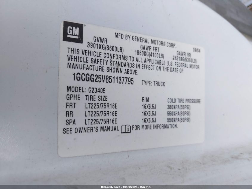 2005 Chevrolet Express VIN: 1GCGG25V851137795 Lot: 43377423