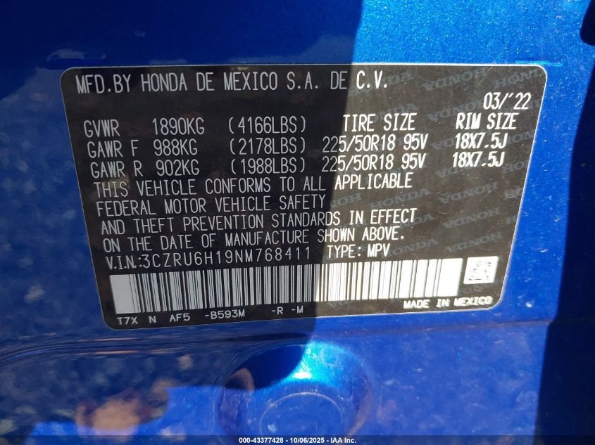 2022 Honda Hr-V Awd Sport VIN: 3CZRU6H19NM768411 Lot: 43377428