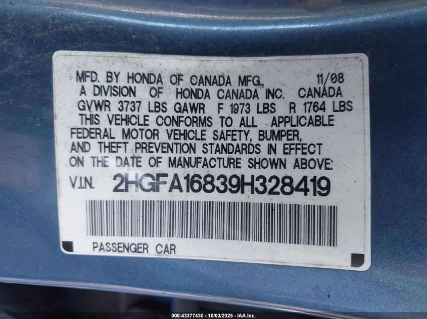 2009 Honda Civic Ex VIN: 2HGFA16839H328419 Lot: 43377430