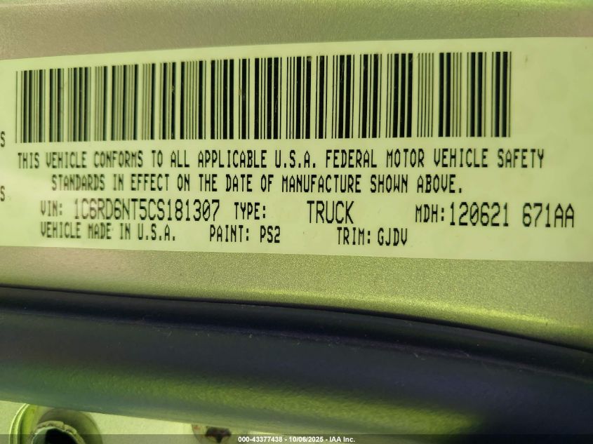 2012 Ram 1500 Laramie VIN: 1C6RD6NT5CS181307 Lot: 43377438