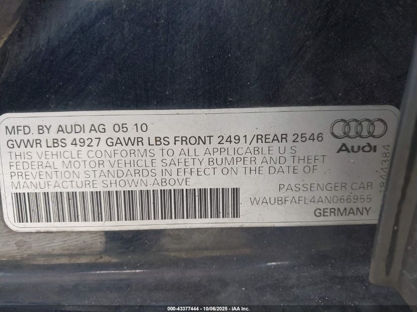 2010 Audi A4 2.0T Premium VIN: WAUBFAFL4AN066955 Lot: 43377444