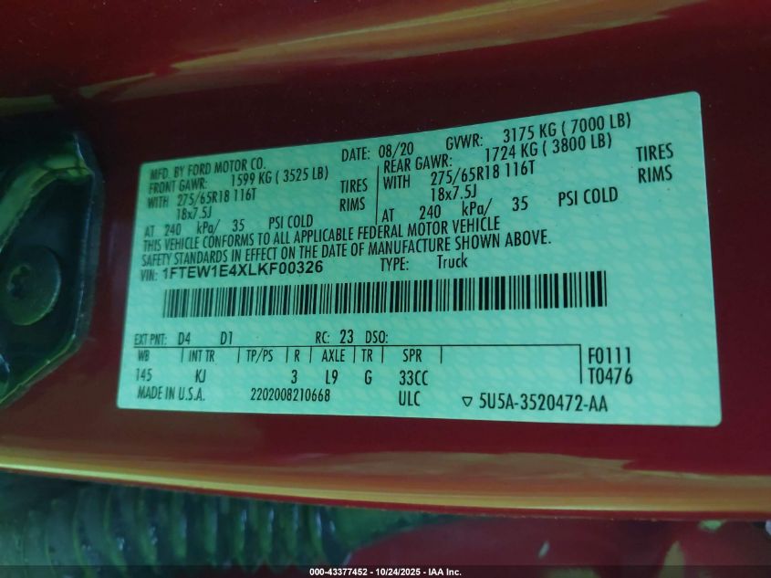 2020 Ford F150 King Ranch/Lariat/Platinum/Xl/Xlt VIN: 1FTEW1E4XLK00326 Lot: 43377452