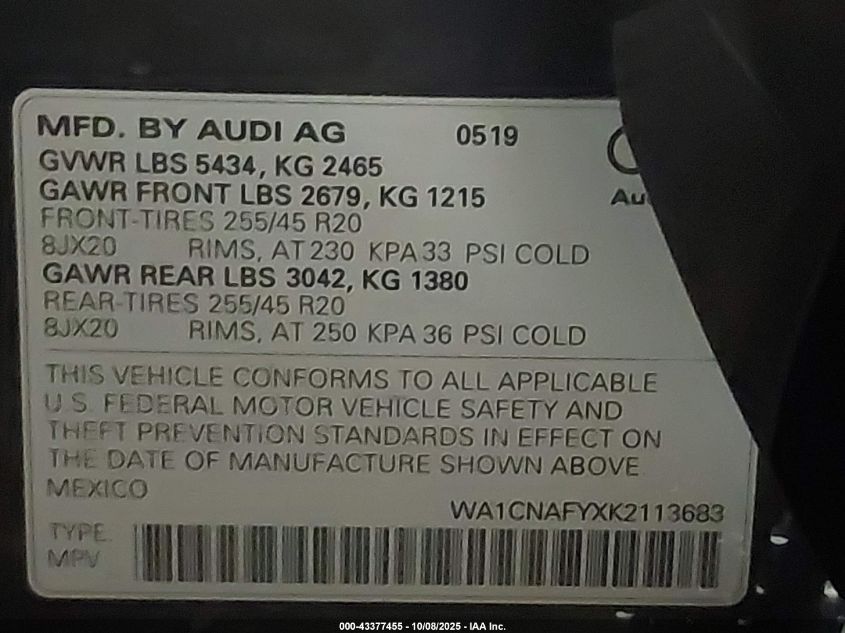 2019 Audi Q5 45 Premium VIN: WA1CNAFYXK2113683 Lot: 43377455