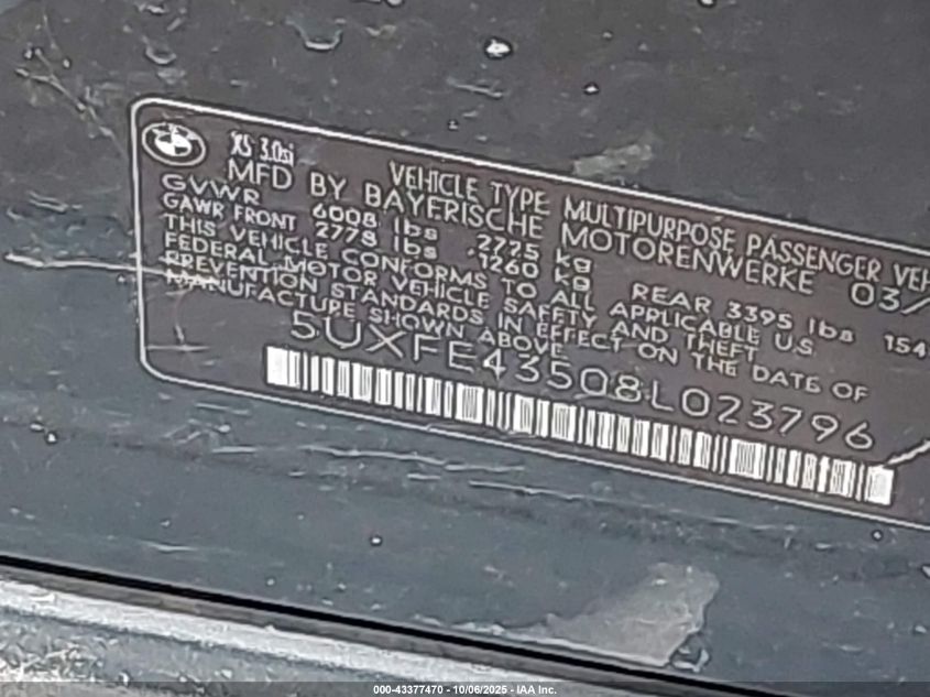 2008 BMW X5 3.0Si VIN: 5UXFE43508L023796 Lot: 43377470