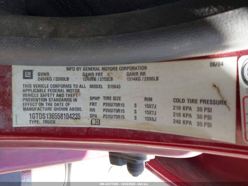 2005 GMC Canyon Sle VIN: 1GTDS136558104235 Lot: 43377480