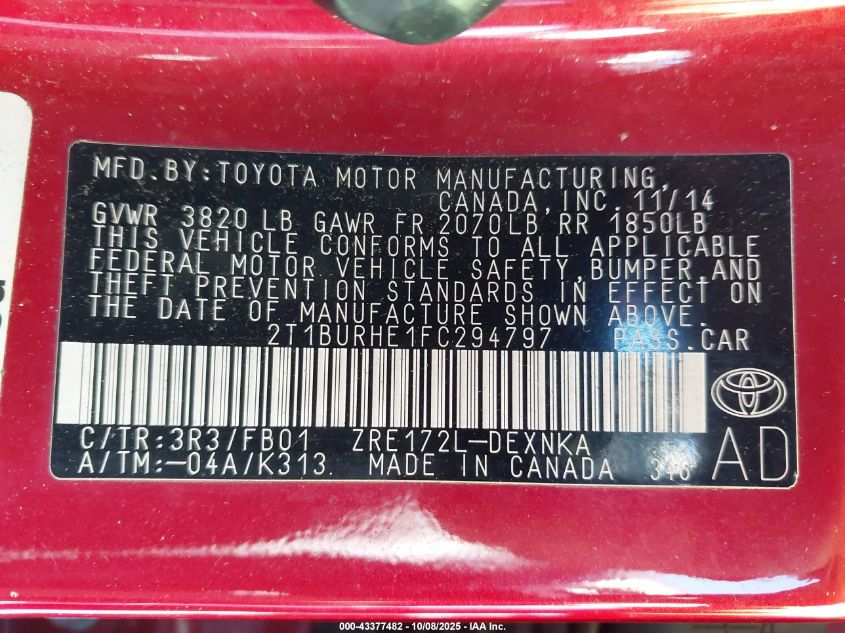 2015 Toyota Corolla Le VIN: 2T1BURHE1FC294797 Lot: 43377482