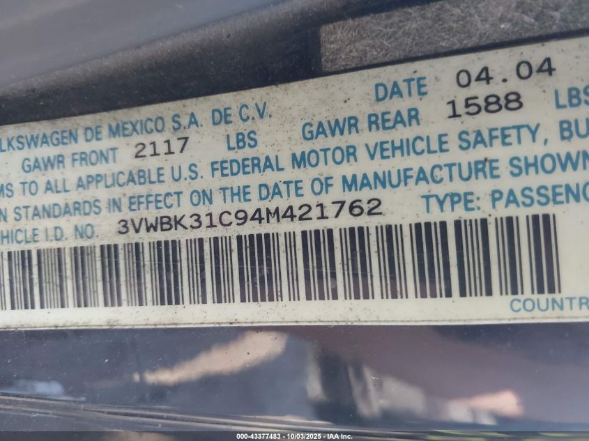 2004 Volkswagen New Beetle Gl VIN: 3VWBK31C94M421762 Lot: 43377483